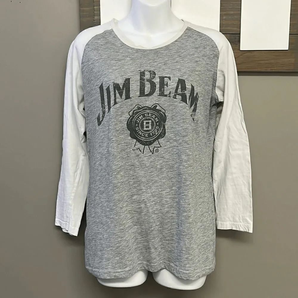 Jim Beam Women’s Heather Gray & White Baseball Long Sleeve Cotton T-Shirt- Large